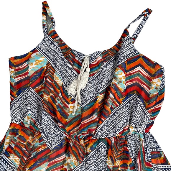 As You Wish size large colorful mini dress, tie at neck, asymmetrical hem, EUC - Picture 4 of 13